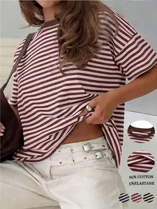 Women's Oversized Striped T-Shirt Short Sleeve Fashion Casual Round Neck Summer Y2K Clothing Loose Fit Cotton Material