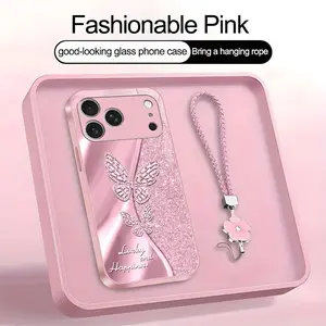 Suitable for [iPhone 17 Pro Max] high-end women's phone case🥰，a beautiful four-leaf clover lanyard is included🍀，A beautiful, sophisticated printed butterfly pattern—not sequins YM99