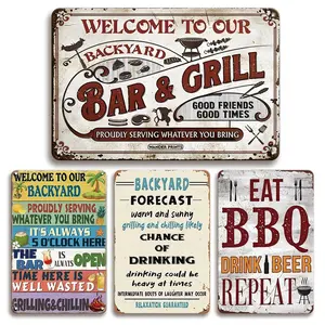 4pcs Vintage Outdoor Metal Sign, Vintage Garage Signs, Humorous Bar Tin Plate, Garden Courtyard Decor, Classic BBQ Wall Art, Pool Party Plaque