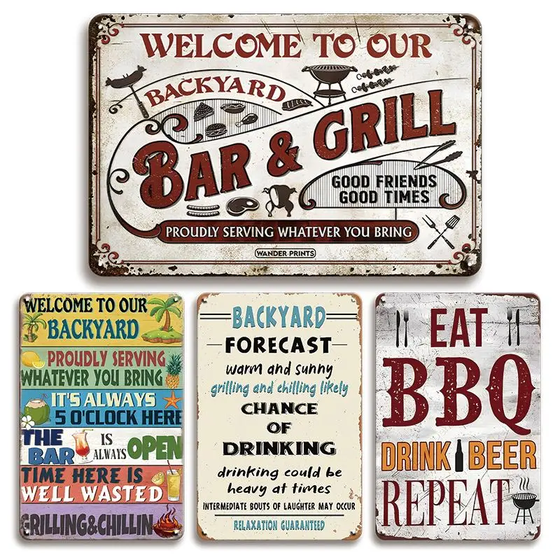 4pcs Vintage Outdoor Metal Sign, Bar Signs, Humorous Bar Tin Plate, Garden Courtyard Decor, Classic BBQ Wall Art, Pool Party Plaque, Porch Welcome Sign, Welcome Sign, Plaque and Sign