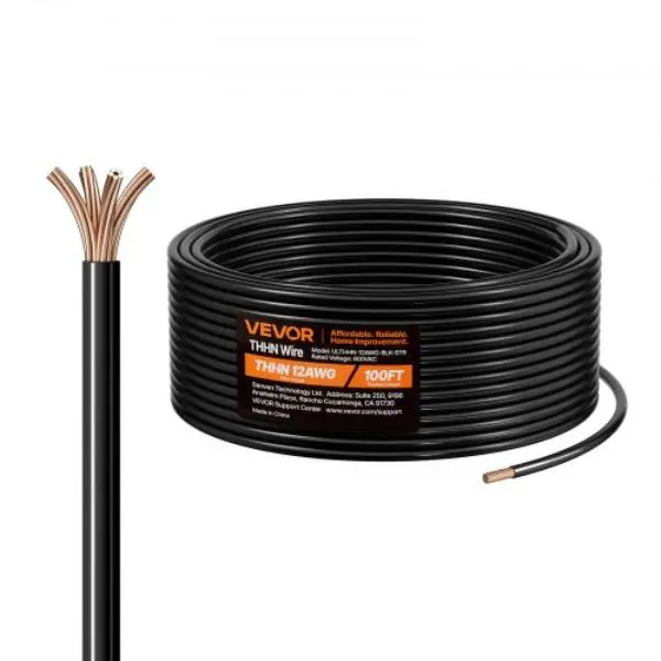 Vevor 100 ft. 12 AWG THHN Electrical Building Wire - 19-Stranded 100% OFC Copper, Nylon Jacket, 600V Rating, Both Indoor/Outdoor Use, Black (Model THHNDLJH12AWLBZR6001V8)