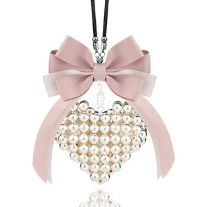 Handmade diamond inlaid pendant pandent hanging accessorie Romantic pearl heart-shaped car pendant,  women girlish bow, ins style hanging decoration,SweetHeartGoodies Pearl Heart Pendant  Best Friend/Girls Gift Hanging Decoration