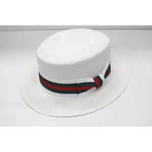 Men's White Boater Hat Green Red 100% Straw Skimmer By Bruno Capelo BC-639