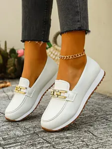 Women's Comfortable Soft Rubber Sole Casual Sneakers, One-Click Slip-On Low Top Walking Shoes, PU Leather Round Toe All Season Footwear