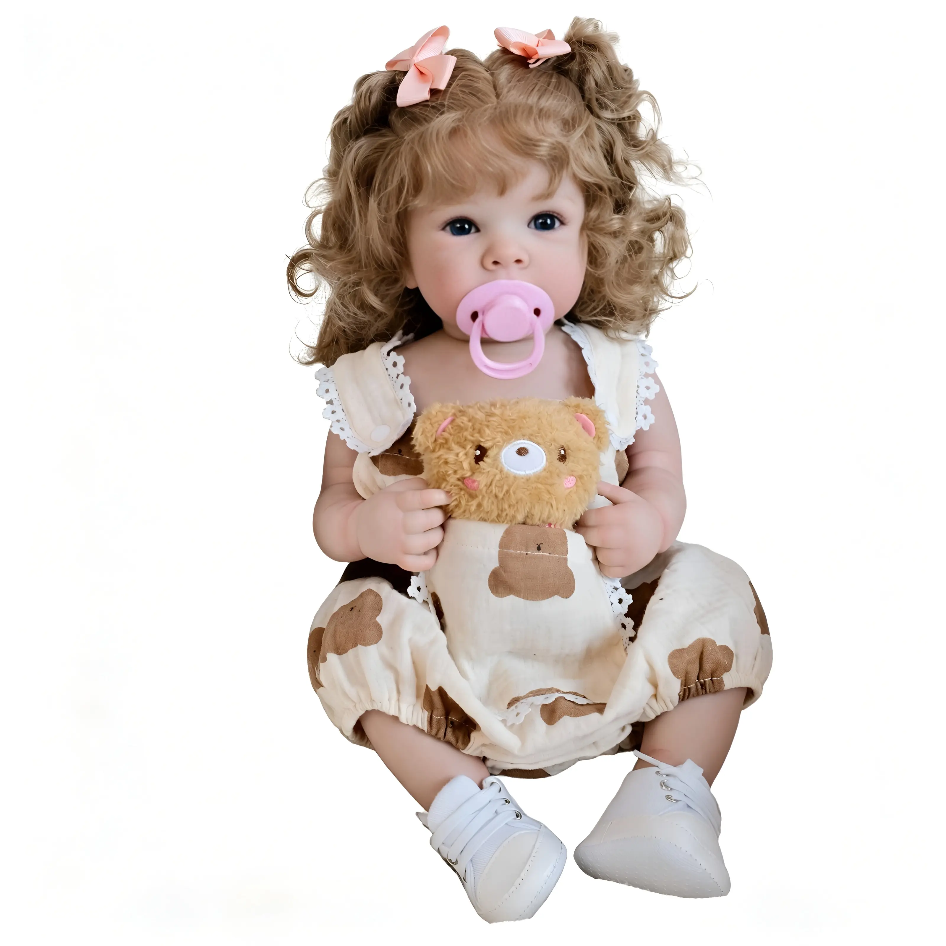 18-Inch Vinyl Reborn Soft Doll - Realistic Look Baby with Brown Curly Hair, Blue Eyes, Collecting Item, Birthday/Christmas Gift for Kids Ages 4+