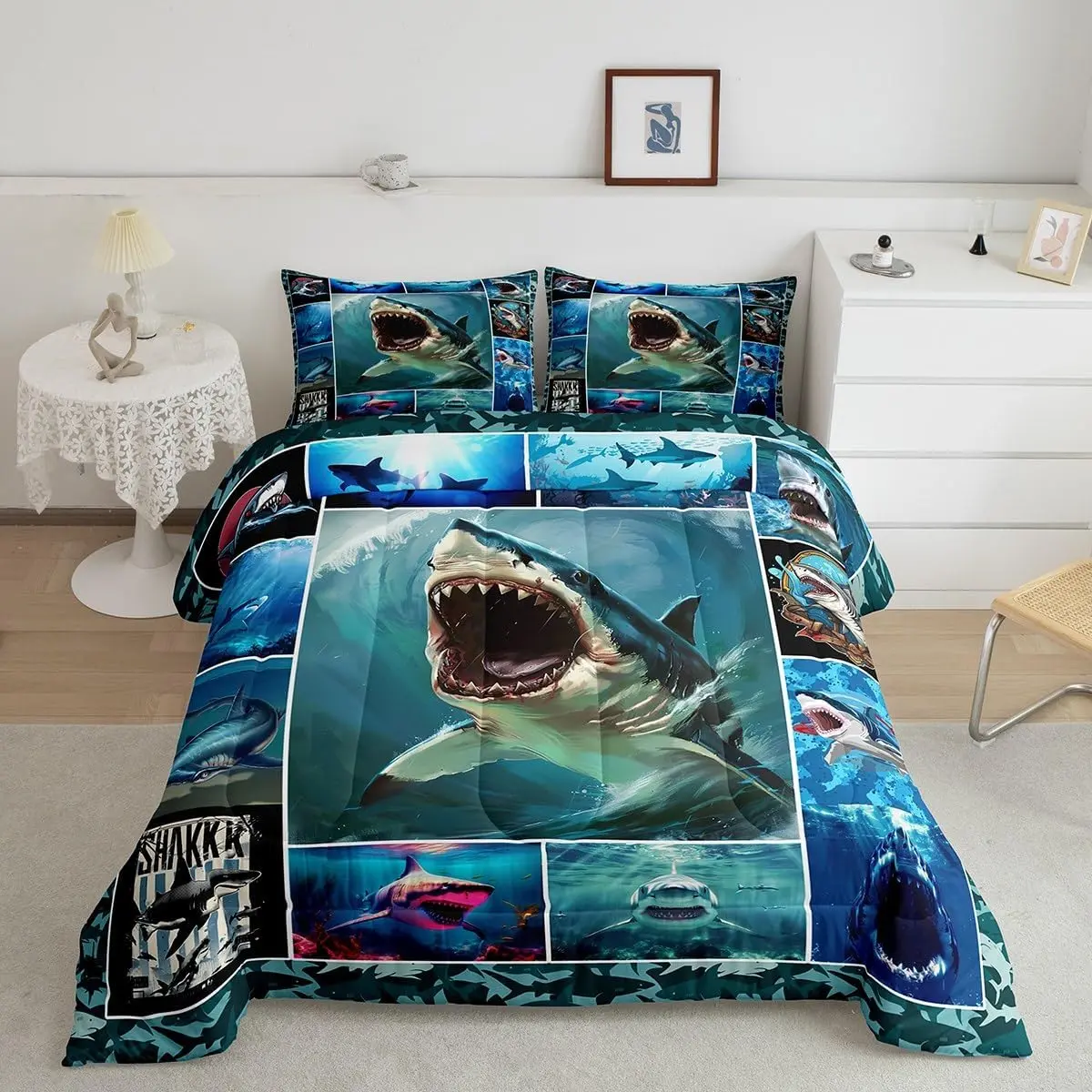 3D Shark Comforter Set,Sea Animals Bedding Set Women,Adults Shark Geometric Comforter,Grid Squares Quilted Duvet Set Bedroom Collection