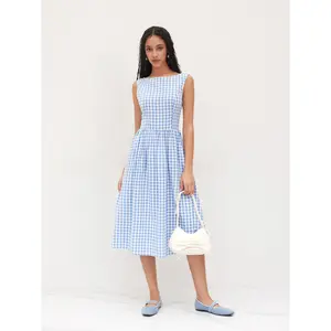 Cider [size 0-10] 100% Cotton Boat Neck Gingham Backless Bowknot Ruffle Midi Dress
