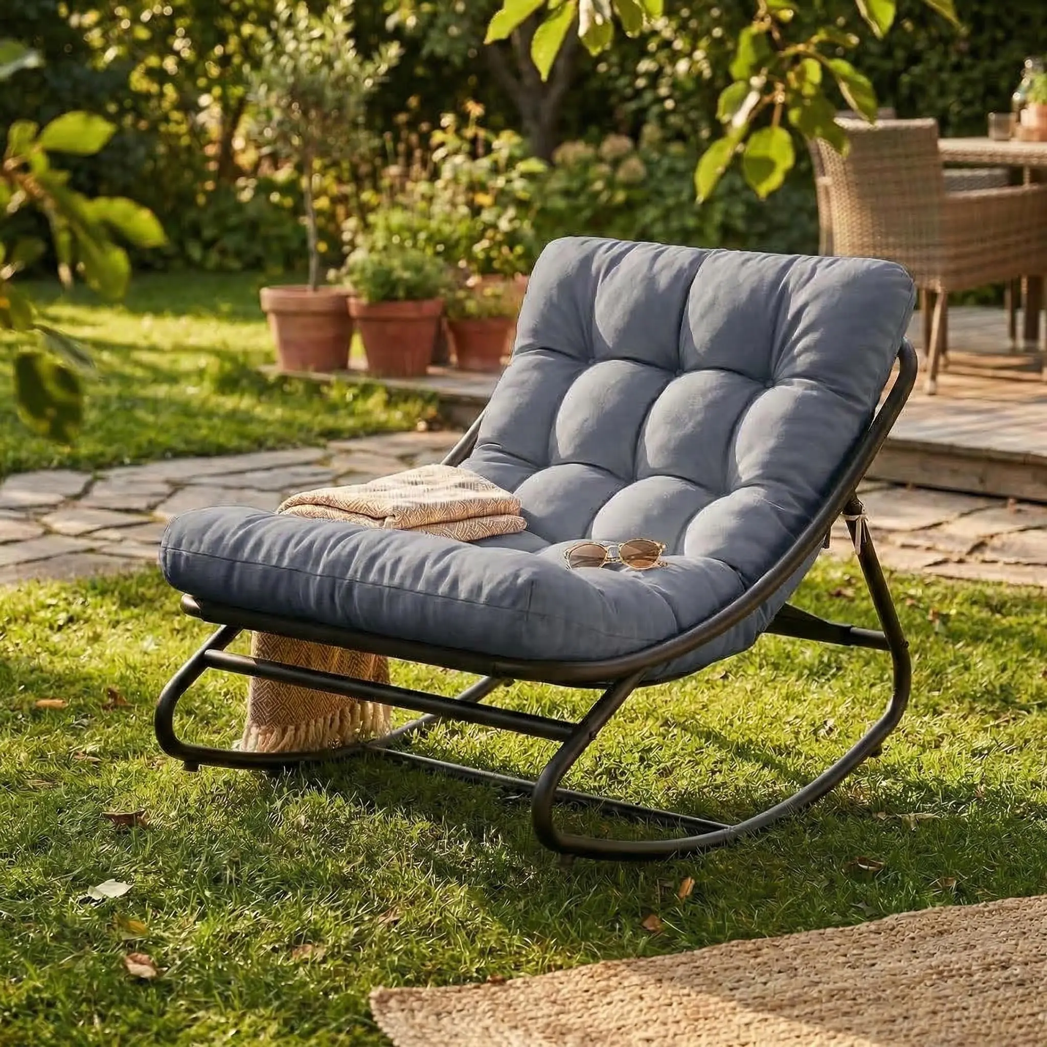 GAOMON Papasan Rocking Chair, Indoor Outdoor Metal Patio Rocker with Comfy Cushion, 300+ lb Capacity, Waterproof Machine-Washable Cushion Cover, for Porch, Garden, NurseryGrey