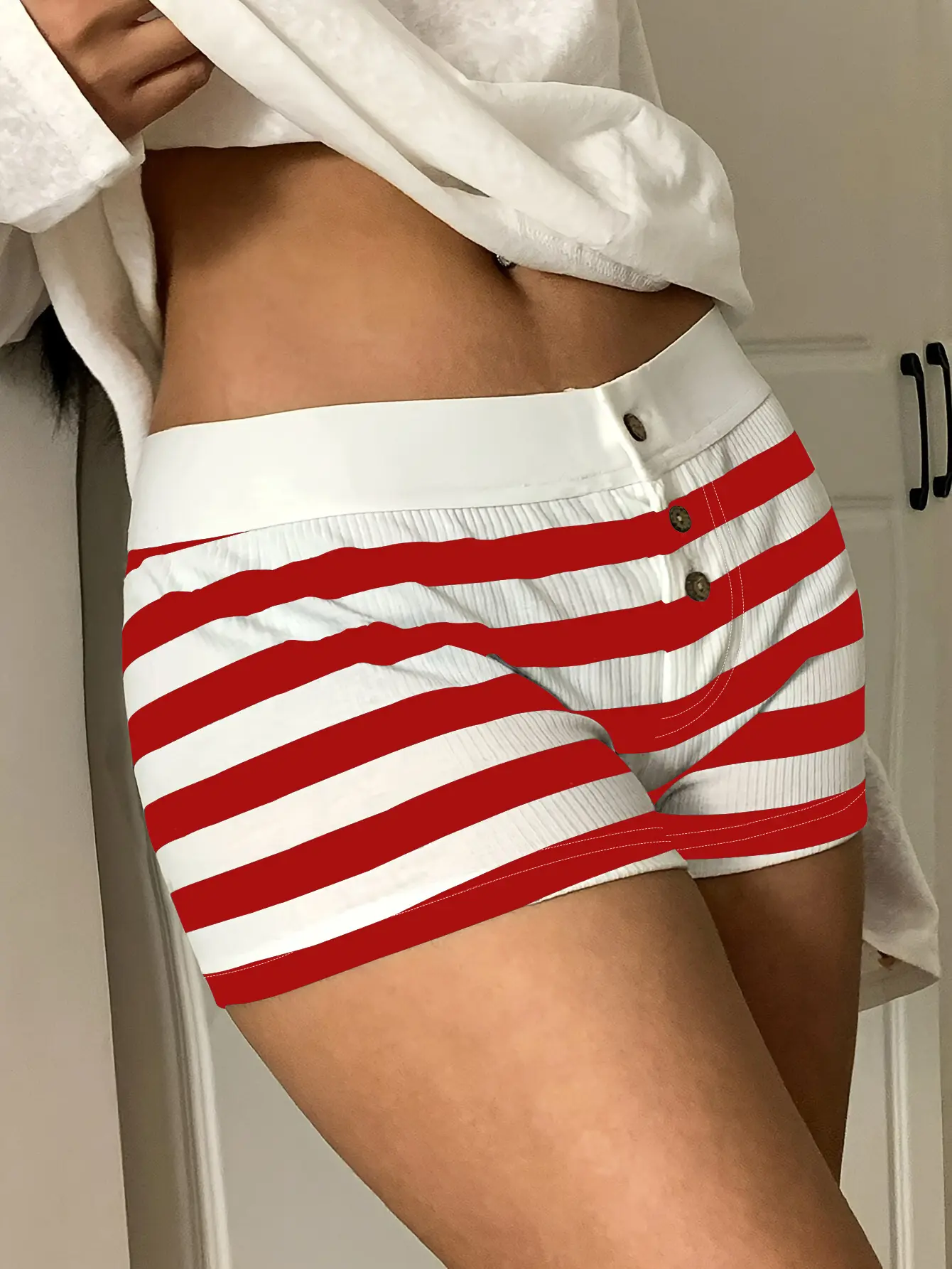 USBoutiqueCHIC Women’s Red & White Striped High-Waisted Shorts | Button-Accent Ribbed Casual Lounge & Sleep Shorts