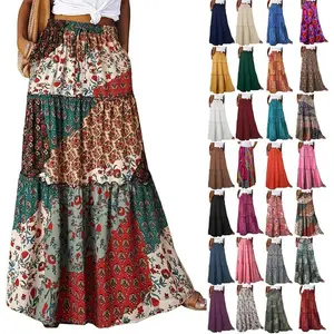 WomenBohoFloralPrintMaxiSkirtSummerHighWaistedTieredLongSkirtsFlowyRuffleBeachVacationMaxiSkirts2025