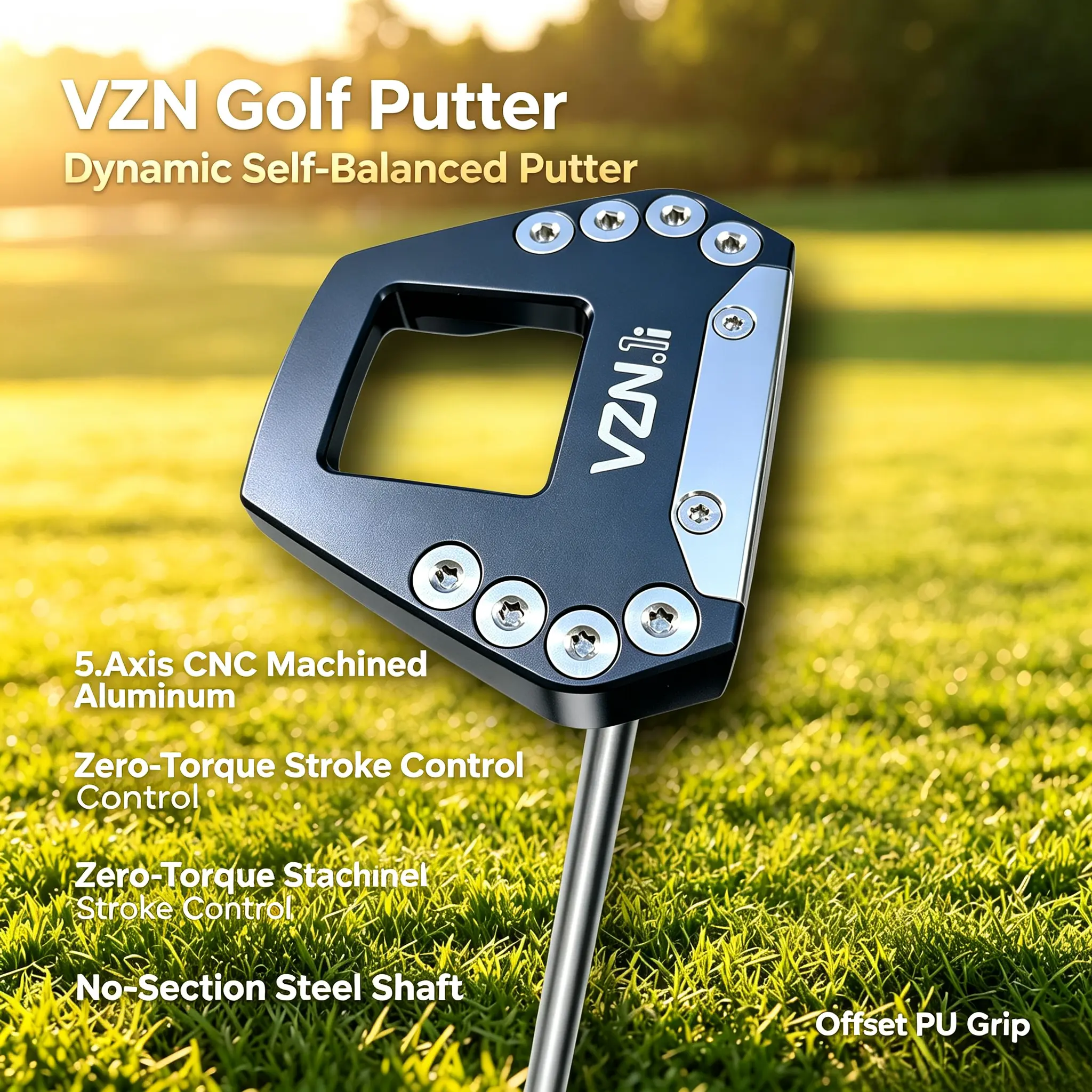 VZN Mallet Golf Putter - Dynamic Self-Balanced, 5-Axis CNC Machined Aluminum, 0-Torque Stroke Control, No-Section Steel Shaft, Offset PU Grip