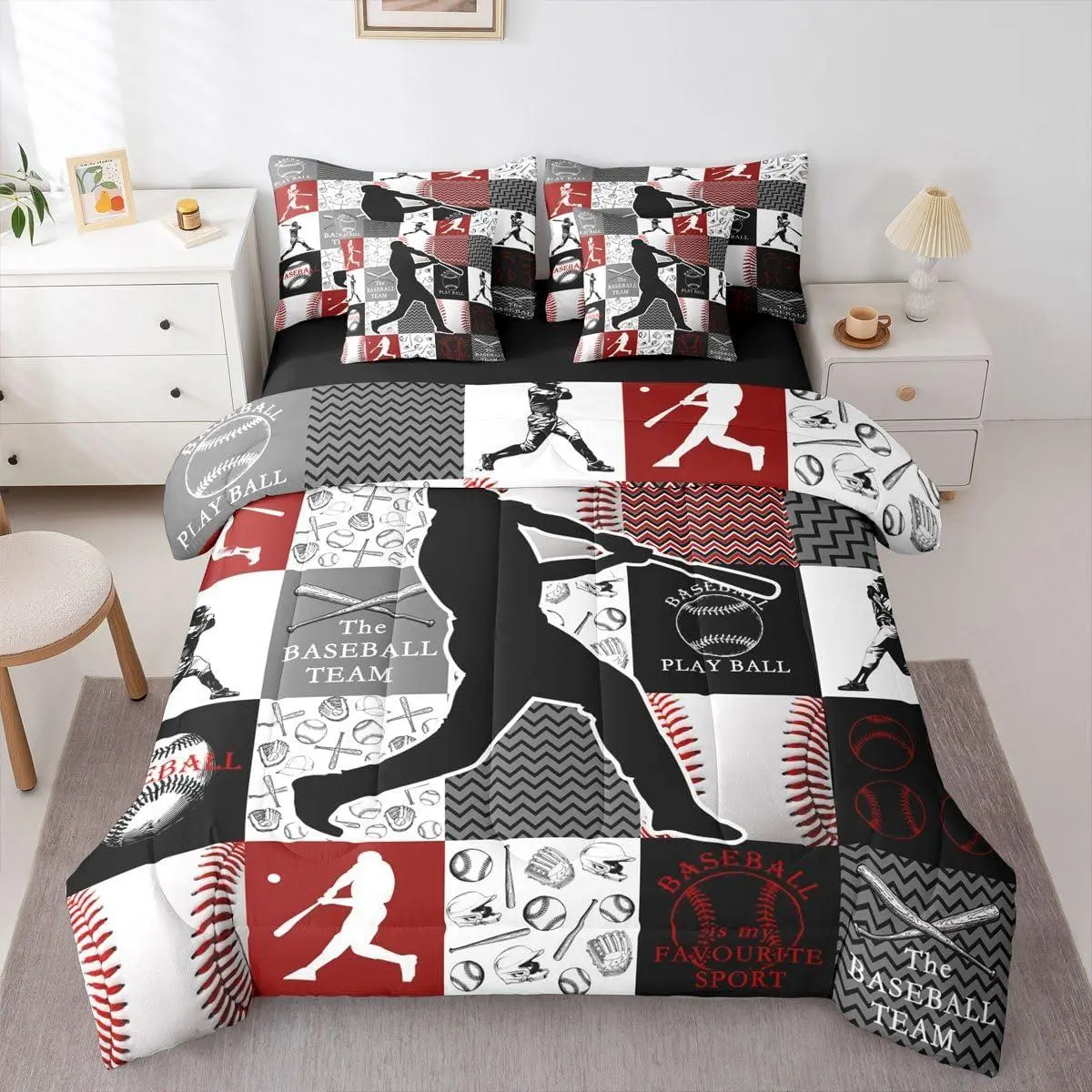 Baseball Comforter Set with Sheets 7 Piece Sports Geometric Grid Bedding Set Black Red Plaid Patchwork Bed in a Bag Room Decor Soft Lightweight Microfiber