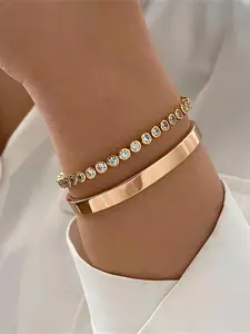 2 Pcs/Set Women Bracelet Set Rhinestone Decor Luster Electroplated Alloy Daily Dating Party Bangle Lady Wrist Jewelry Rhinestone Decor Bangles Rhinestone Decorated Bangle