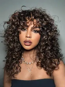 Limited Time 20 Inches High Density Fluffy Veralux Blend Shaggy Haircuts Curly Wig With Bangs Burgundy Colored Wigs Style Archive Technology Premium Fiber Synthetic Wig Reddish Brown Highlight Black Dark Root Blonde Color Full Machine Made Scalp Top Bang