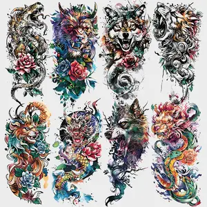 8 Sheets 3D Realistic Temporary Tattoos, Adult Men Women, Complex Design Monster Dragon Wolf Snake Halloween Half Sleeve Tattoo Stickers Set