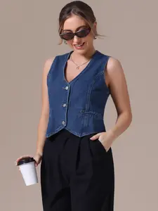 INSPIRE CHIC Women's Denim Vest Sleeveless Jacket V Neck Button Down Jean Suit Crop Tank Tops Dark Blue