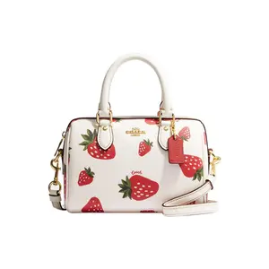COACH Rowan 18 Small Leather Boston Bag with Strawberry Print and Gold Logo in Cream and Red for Women