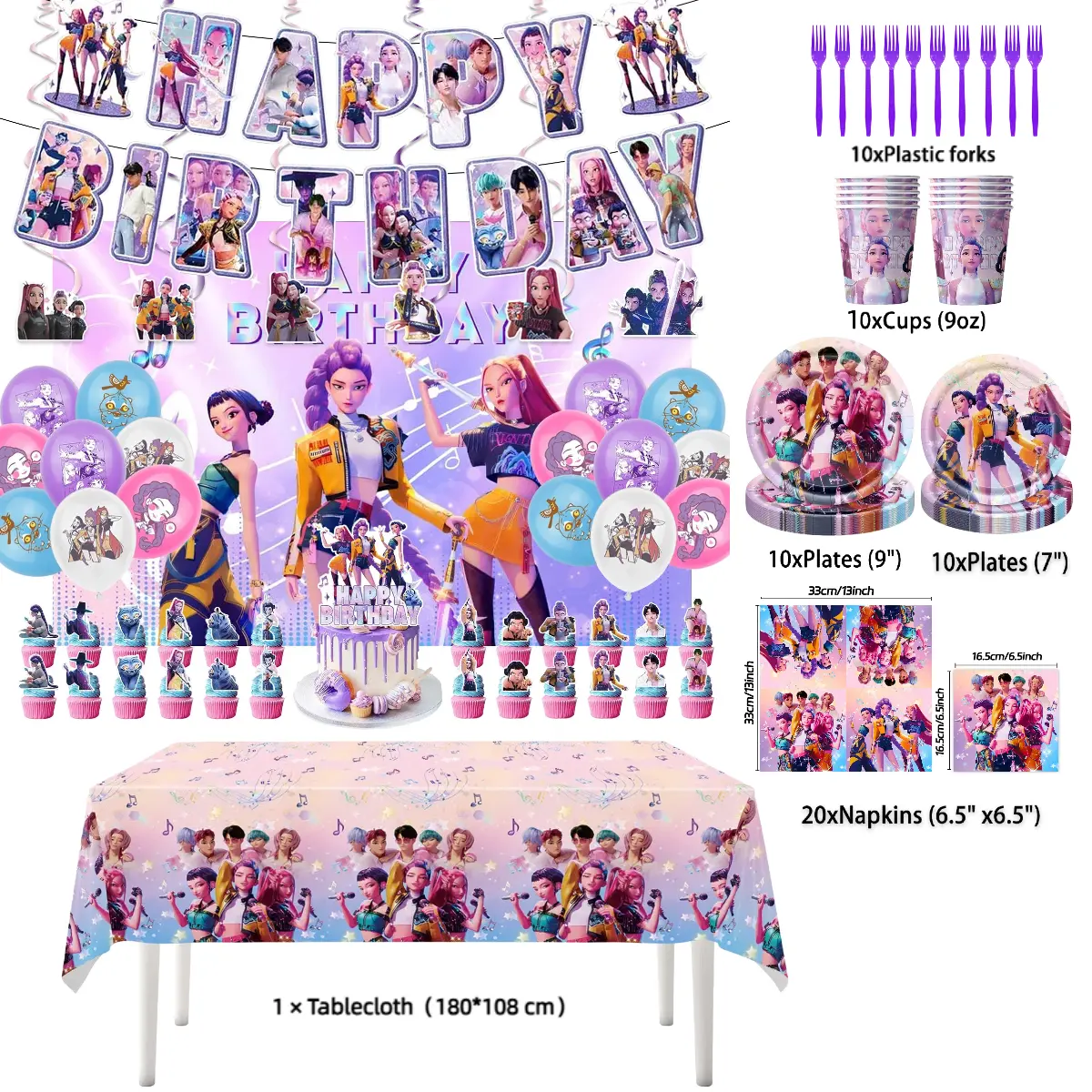 New Pink Girls Birthday Party Decorations Set with Happy Birthday Banner Balloons Disposable Dinnerware for Classroom Fan Meeting Home Event Decor