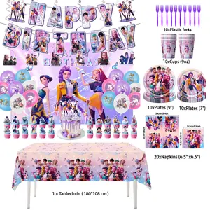 New Pink Girls Birthday Party Decorations Set with Happy Birthday Banner Balloons Disposable Dinnerware for Classroom Fan Meeting Home Event Decor