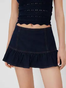Cider Stretch Denim Low Rise Ruffle Hem Micro Mini Skirt