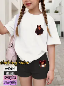 Girls' Cartoon Print Set, Minnie Headband Girl & Heart Pattern Pants, Short Sleeve Shorts, Fashionable for Ages 4-12