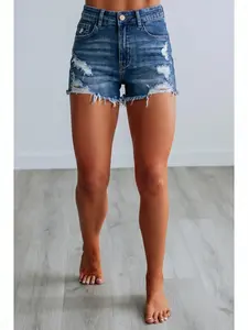 Women's Denim Shorts Bottoms Multi-Craft Fold Design Deep Blue Elastic Simple Versatile Slim Fit, Casual Plain Shorts for All Seasons