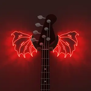 Guitar Stand Wall Mount with Luminous Devil Wings, Acrylic Wooden Guitar Hanger Shelf with USB Powered, for Acoustic Electric Bass Ukulele, Gift for Music Lovers Guitar Players