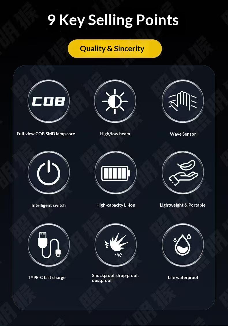 Silicone headlight LED mini multifunctional wave sensing head mounted light COB outdoor fishing and hiking strong light far and near bald head light | Multi level adjustment | Ultra lightweight and portable