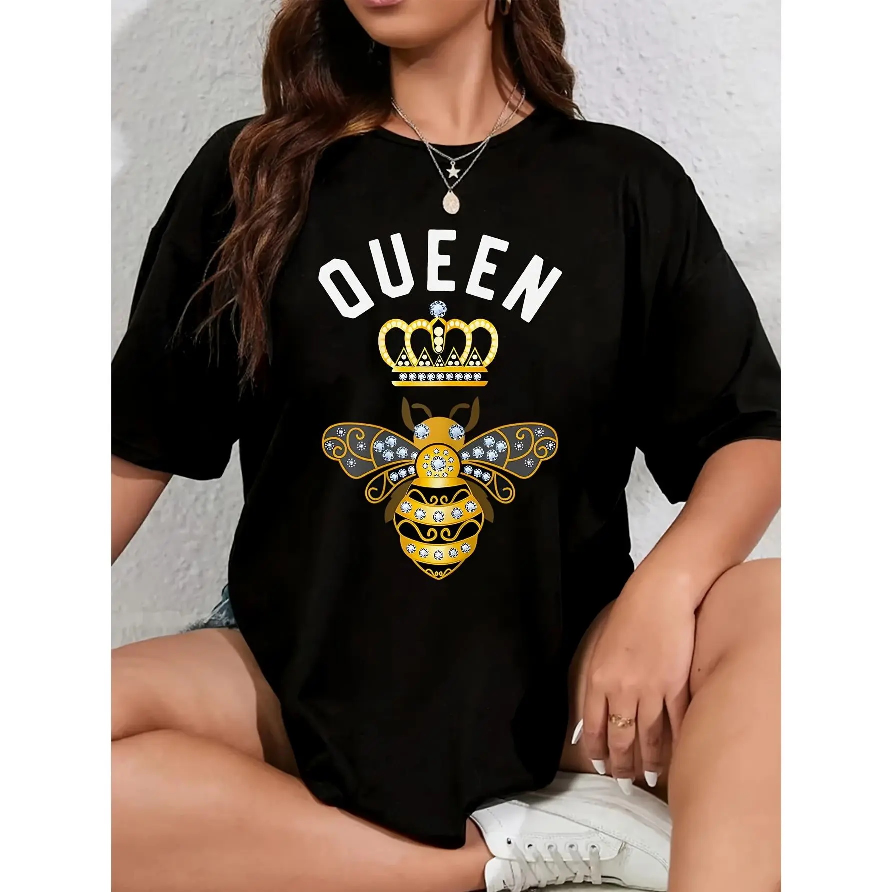 Womens Queen Name Queen Birthday Gifts Queen Crown Bee Queen Women's Plus Size 100% Polyester T-Shirt Shirt Casual 220g Funny Oversized Graphic Short Sleeve 1 pcs Tee Novelty Crew Neck Top