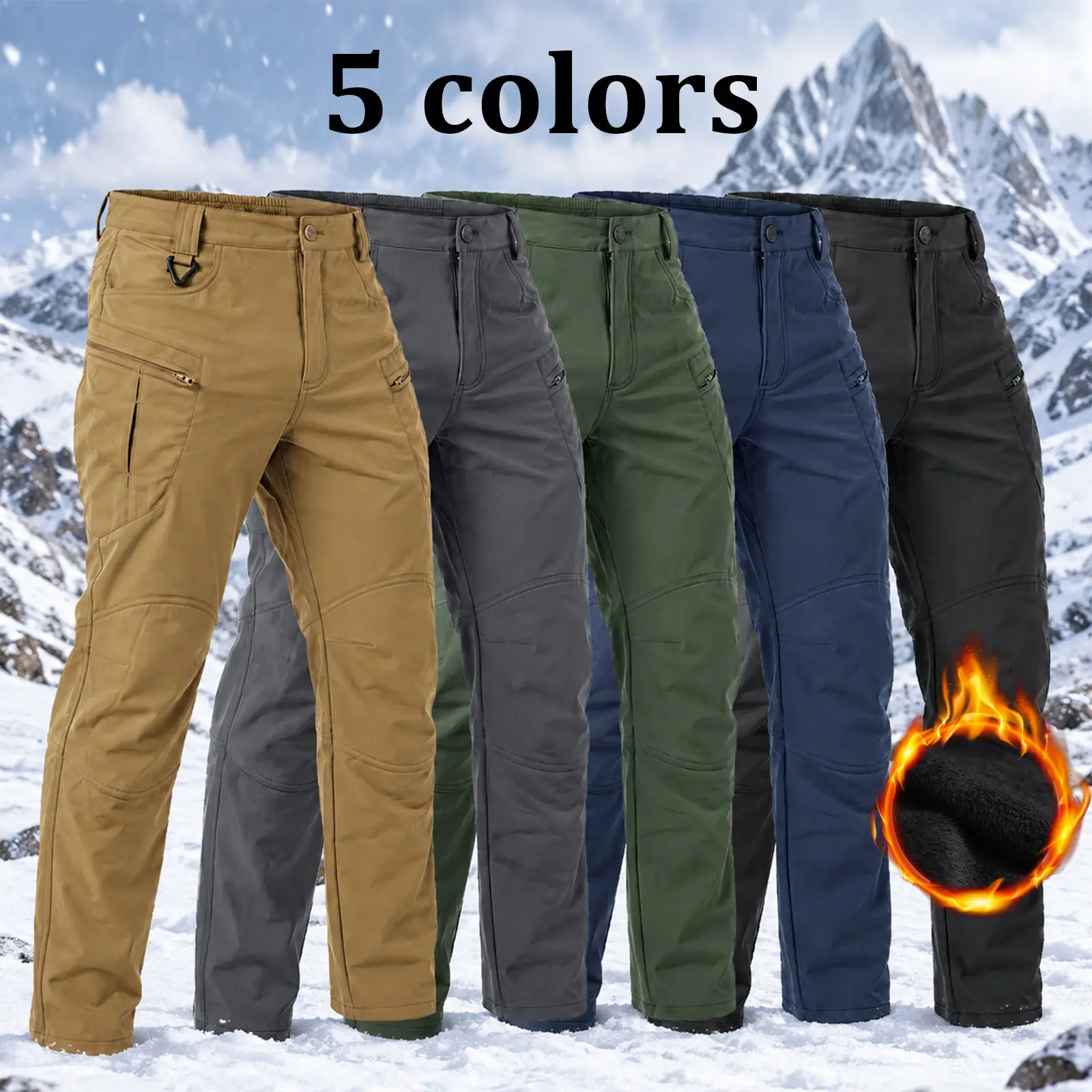 HOMUG Men's Basic Plain Black Elastic Fleece-Lined Tactical Cargo Pants - Wind-Resistant Warm Straight Regular Fit Long Menswear Trousers for Autumn Winter Outdoor, Casual Activities