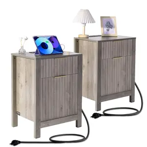 VEVOR Farmhouse End Table, Nightstand with Charging Station, 3 Tiers End Table with Storage Cabinet, Side Table with USB Ports and Outlets, Ideal for Living Room, Bedroom, WhiteVEVOR Super Brand Day