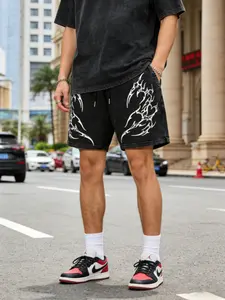 Black Vintage Wash Tribal Flame Print Denim Shorts Men Women, Y2K Streetwear Casual Drawstring Jeans Shorts, Gothic Heart Tribal Bottoms