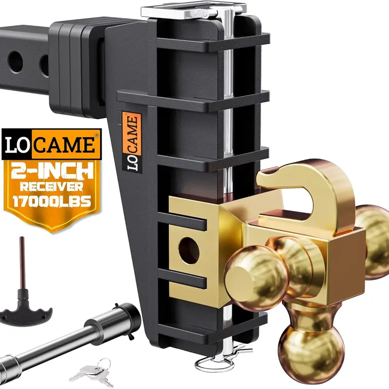 LOCAME Adjustable Trailer Hitch with Hook, Tri-Ball (1-7/8", 2", 2-5/16") Drop Hitch, Fits 2 Inch Receiver, 6" Drop Down Hitch, 17000 LBS Heavy Duty Truck, Solid Ball Mount, Gold,Cars accessories