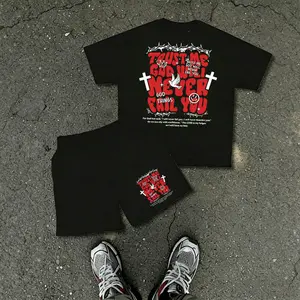 Men’s 2-piece outfit with “Trust Me God Will Never Fail You” religious print, matching short-sleeve T-shirt and shorts set, casual streetwear style, ideal for everyday casual wear, urban fashion, faith-based activities, and weekend outings.