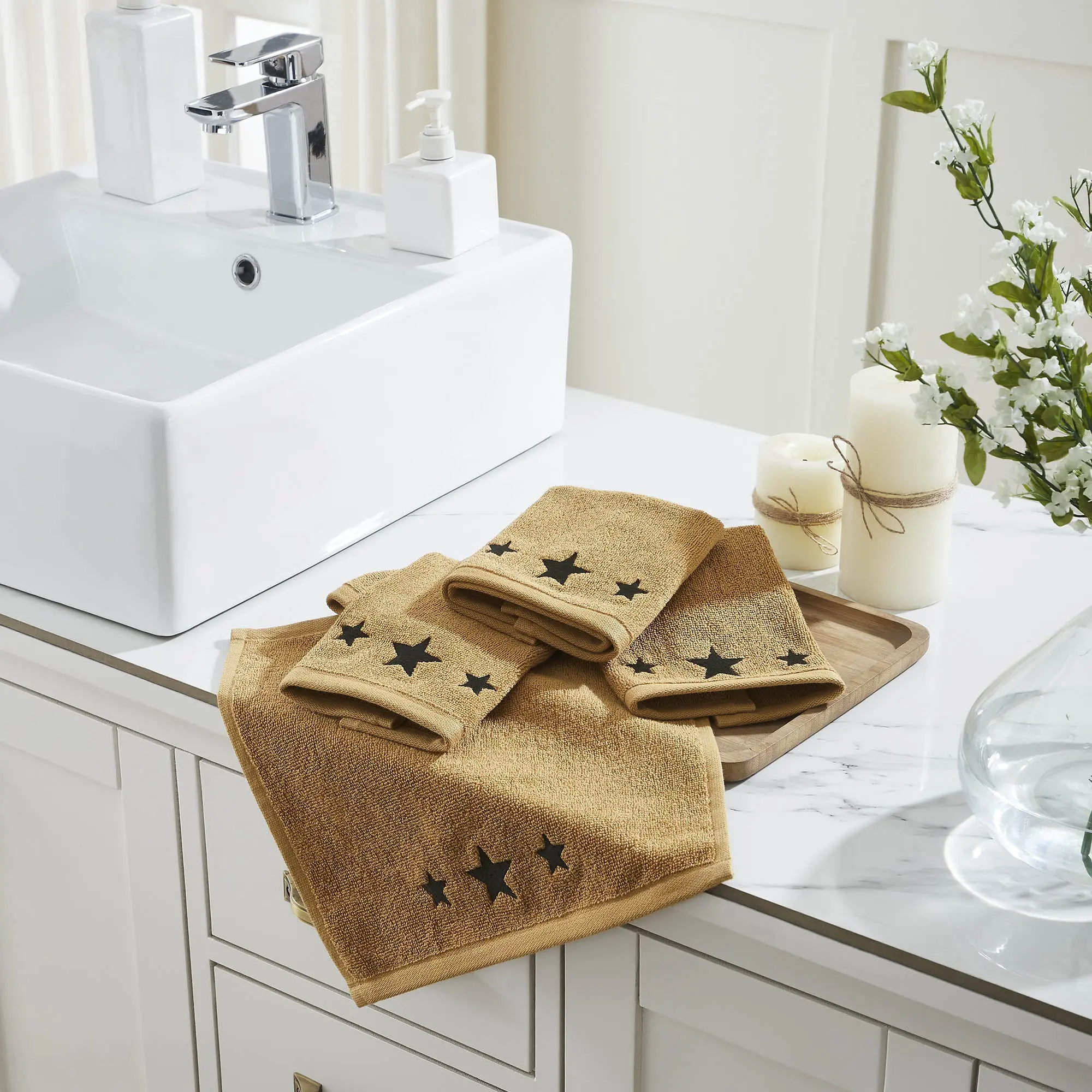 Black Stars Tan Towels & Washcloths