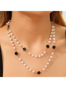Women's Fashion Extra Long Five Leaf Flower Pearl Necklace Multi-layer Beaded Sweater Chain Elegant Long Garment Chain Trendy Versatile Neck Jewelry Wholesale for Women