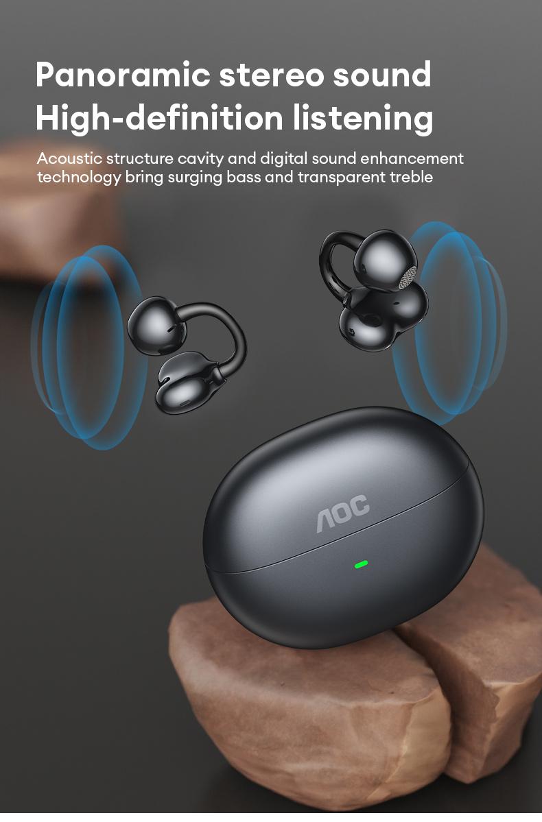 AOC ACD2544 Clip-On Wireless Headphones with 2025 Bluetooth 6.0 for Faster, Stable Connection & Low Power Use, Panoramic Stereo Sound, HD Audio, Ergonomic Design, Comfortable Fit, Life-Level Waterproof & Sweatproof Multifunctional Earbuds Electronic