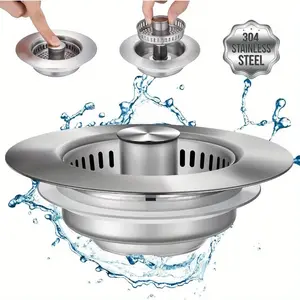 3 in 1 Kitchen Sink Drain Strainer, Stainless Steel Sink Stopper, Anti-clogging Drainage Odor Filter Sink Plug for US Standard 3 1/2 Inch Drain, Home Goods, Kitchen Gadgets, Drain Cover