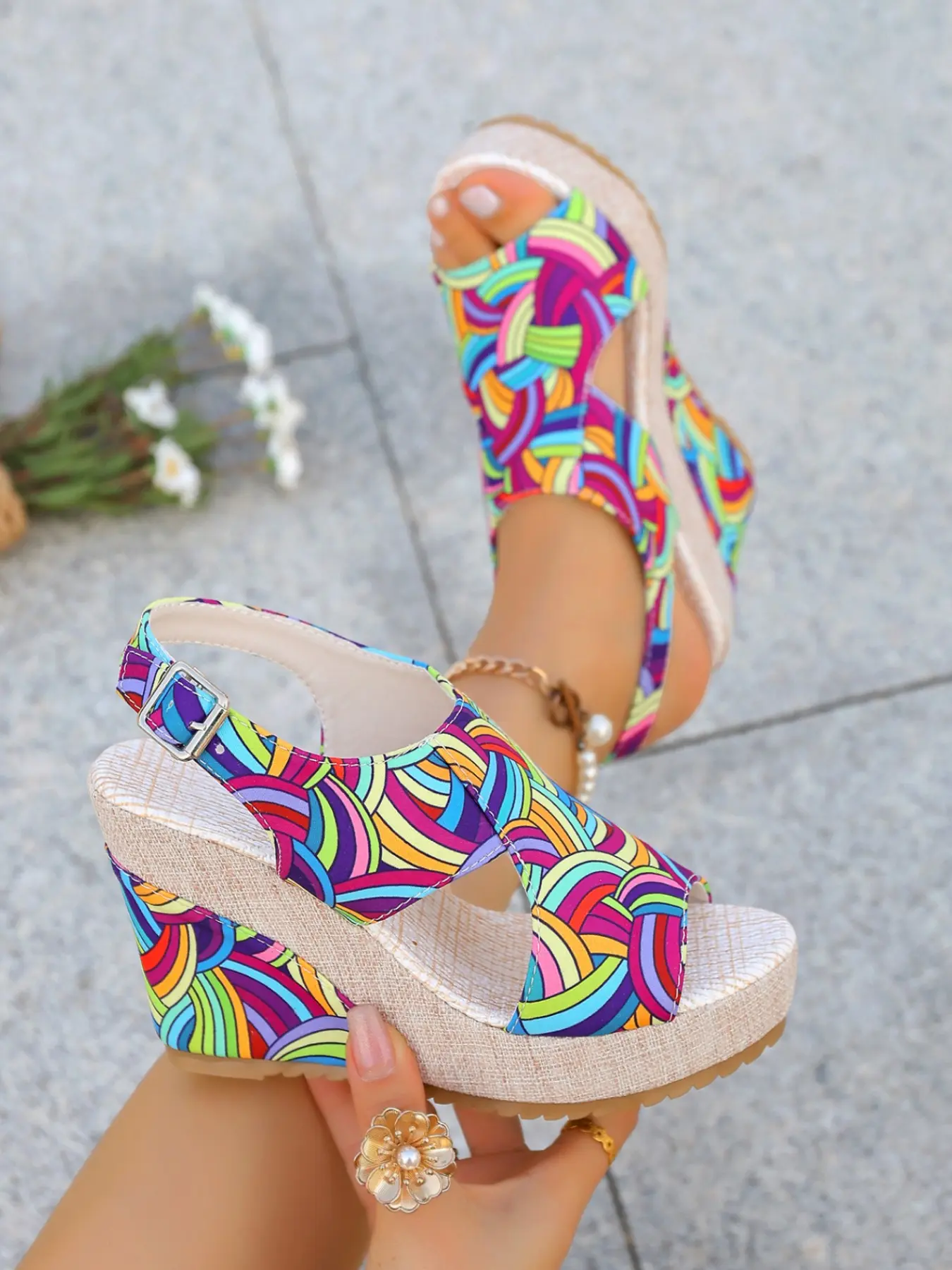 2026 Summer New Rainbow Wedge Sandals for Women, Thick Sole Waterproof Platform High Heel Sandals, Outdoor Wear Slip-On Shoes