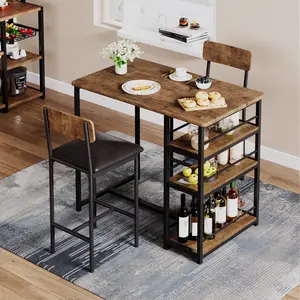 3 Piece Modern Double Bar Table Set with Spacious 3 Tier Storage Shelves Compact Breakfast Furniture Includes 2 Comfort Upholstered Stools Space Saving Dining Decor for Kitchen Tavern Small Apartment