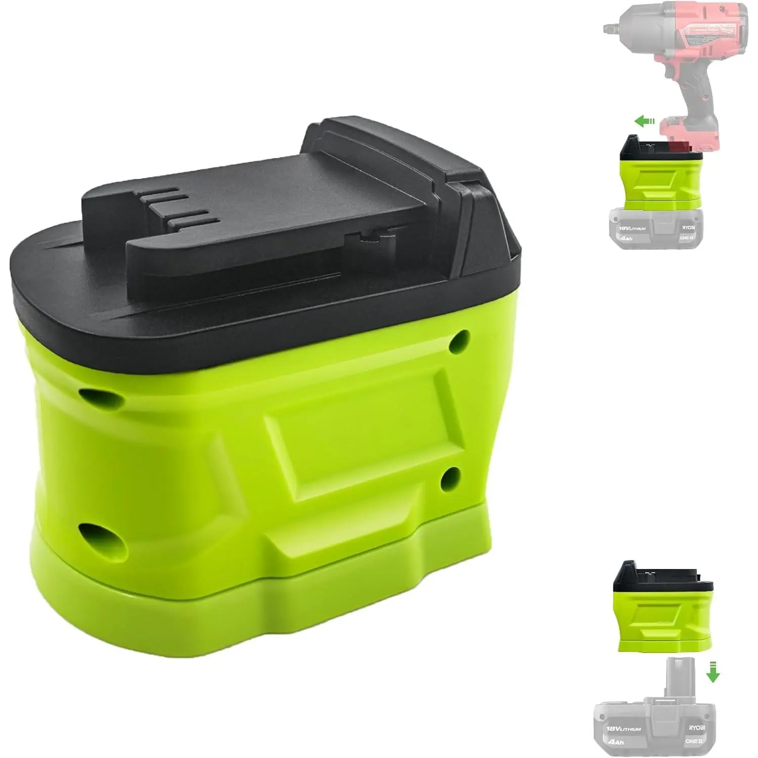 The RYB18ML Adapter allows Ryobi 18V batteries to be converted for use with Milwaukee 18V cordless power tools, saving you money on battery replacements.