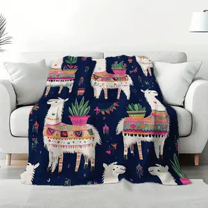 1pc Ultra-Soft Peruvian Llama Parade Print Flannel Throw Blanket - Vibrant Retro Design, All-Season Cozy Warmth for Bed, Couch, Chair, Office & Camping - Perfect Holiday Gift Idea, Llama