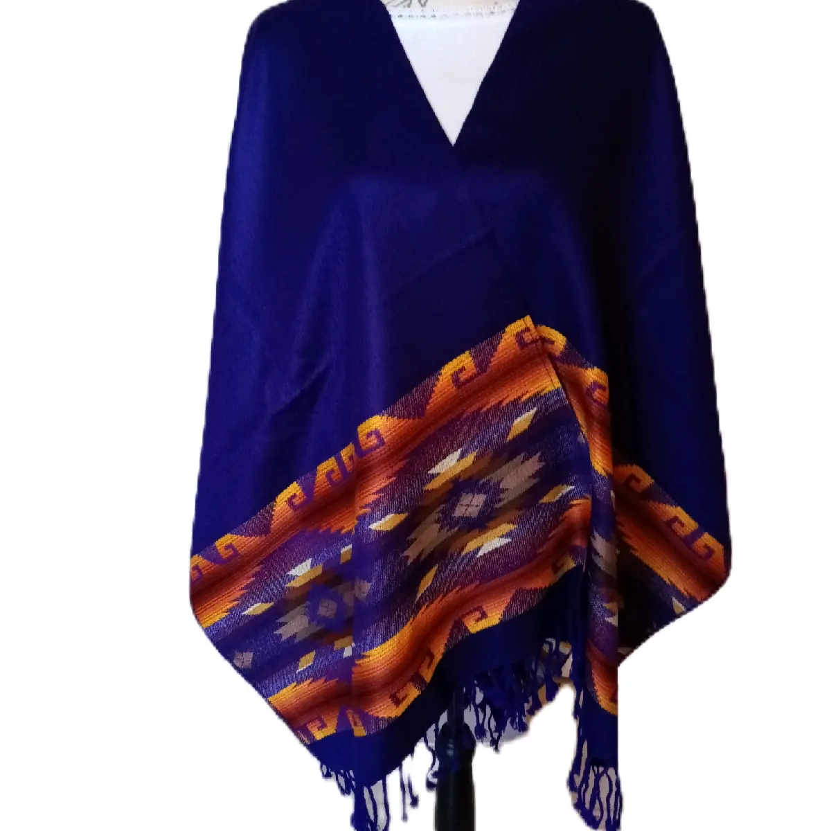 Artisanal Womens Poncho, Andean Pattern, REVERSIBLE Purple,  Womenswearblack sides, Fringe, handmade in Ecuador