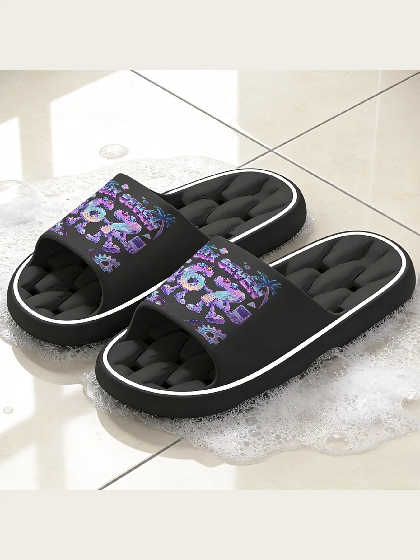 Vaporwave Cyber Mascot Slippers Retro 90s Six Seven Cartoon Character Non Slip Soft Plush House Slippers Comfortable Warm Indoor Slip On Slippers for Men Women Nostalgic Tech Palm Tree Design Home Footwear