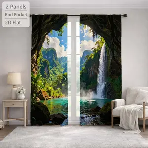 2Pcs Scenic Waterfall Landscape Tropical Nature Cave Sun Blocking Curtains Digital Printed Rod Pocket, Window Treatment For Bedroom Office Kitchen Living Room Study Home Decor