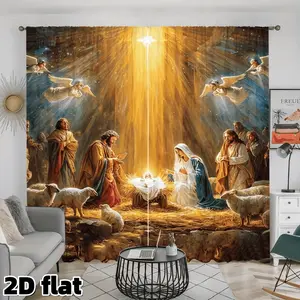2D Flat 2Pcs Biblical Scene Nativity Curtains Rod Pocket Light Blocking Polyester Religious Art Print Window Panels Home Decoration Curtain Vintage Classical Design Living Room Bedroom Church Office Decor Privacy Protection