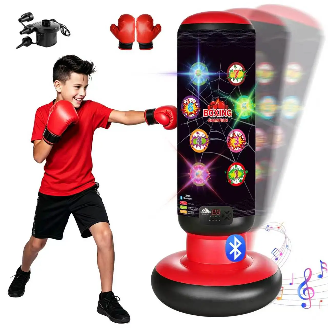 63-Inch Stable Inflatable Kids Punching Bag - Game-Like, Secure Fixation, Fast Electric Pump, Scoring, Bluetooth Music, LED Lights, Gloves, Freestanding Toy for Birthdays, Christmas, Easter (Ages 4-8-12), Martial Arts, Boxing