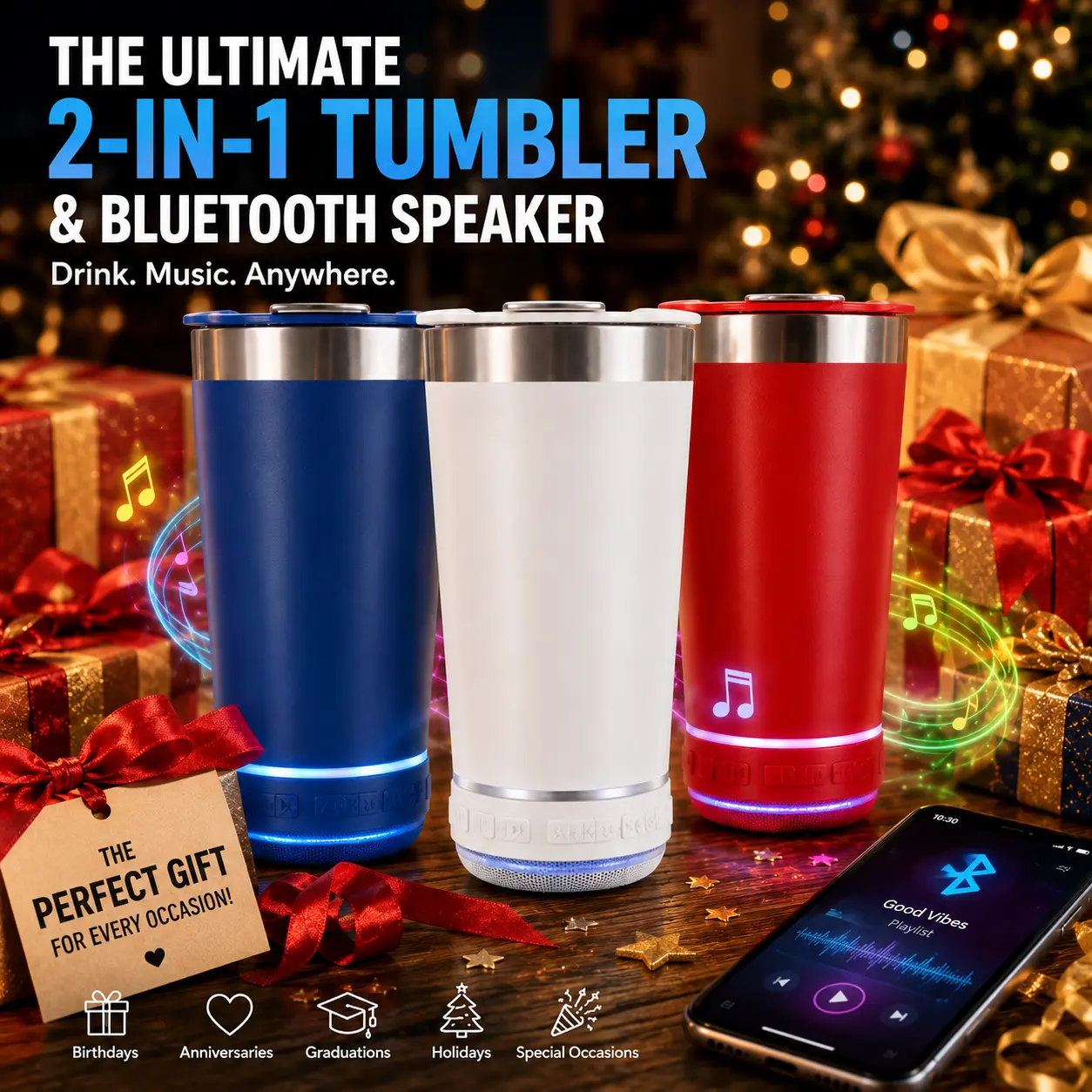 16oz Stainless Steel Insulated Bluetooth Speaker & Tumbler Cup Combo - Portable Vacuum Flask, Rechargeable Wireless Speaker, Multi-Color LED Lights, Insulated Travel Drinkware, Great Gift for Parents, Grandparents