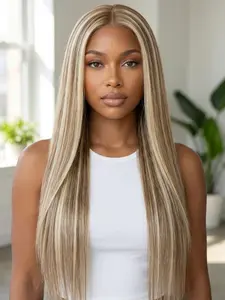 Highlight Long Hair Front Lace Highlights Gold, 13x4 HD Lace, 26 Inch Length, High-Quality Synthetic Wig, Lace Frontal Wigs, Realistic Illusion Hairline