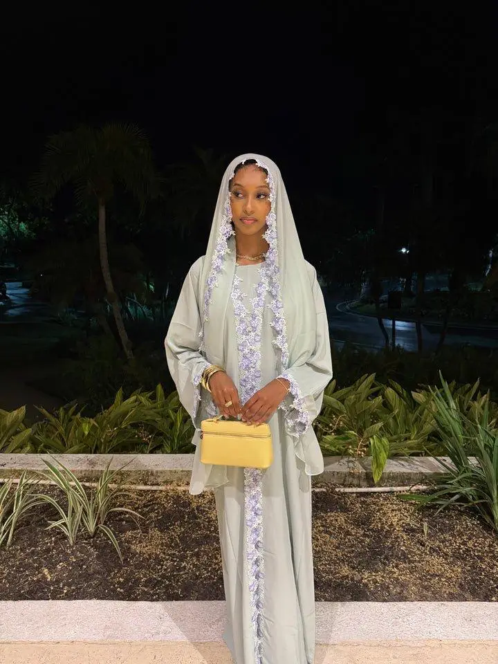 Sage Green Yasmin Abaya Set with Floral Accents Soft Elegant 4-Piece Ensemble Including Hijab Belt & Underdress for Modest Fashion